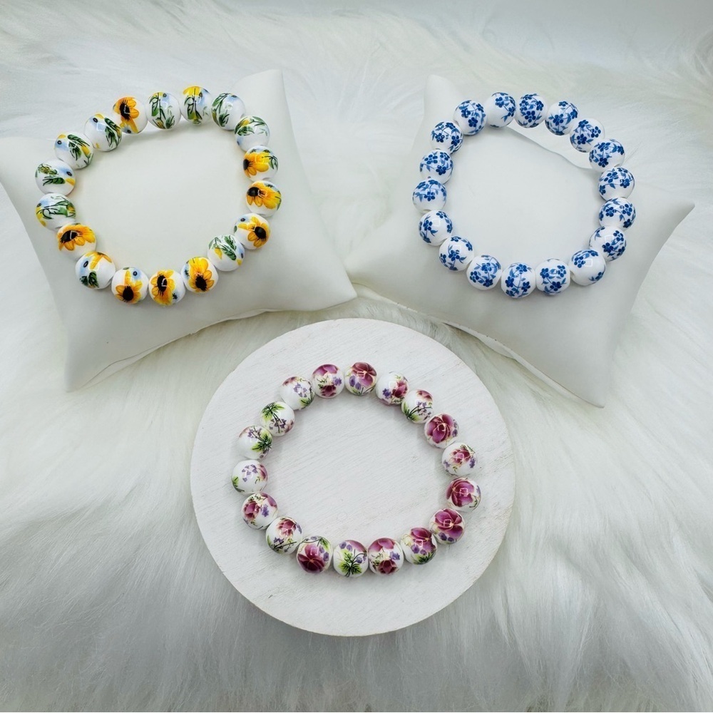 Chinese-Style Ceramic Flower Beaded Bracelet Bundle